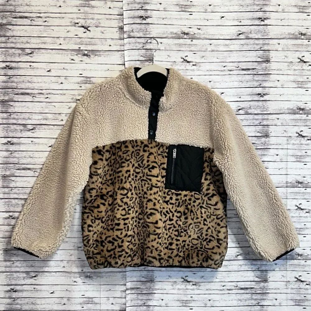 Rails Saga Leopard Print Teddy 1/4 Zip Pullover Jacket